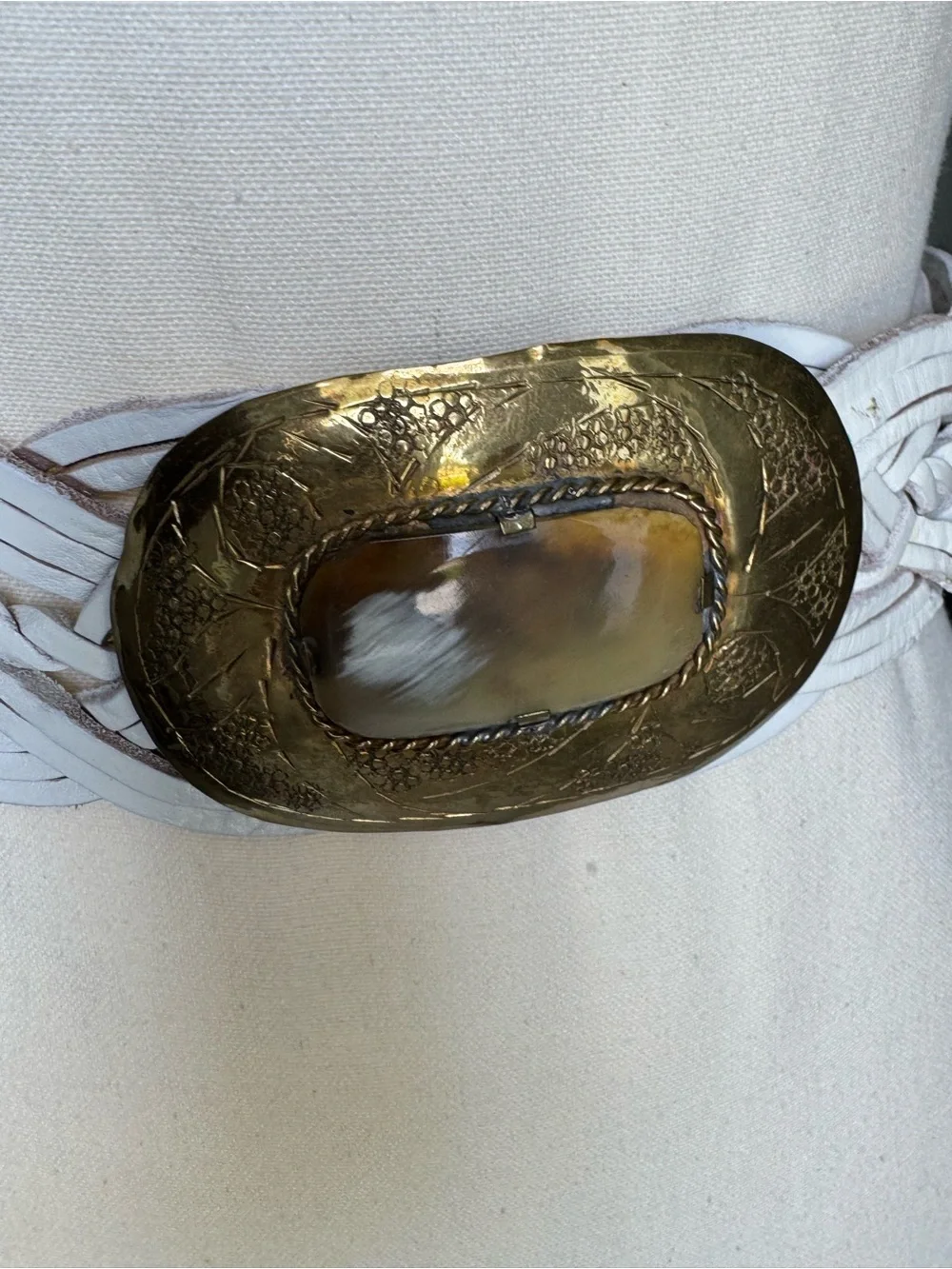 Woven White Leather Belt with Large Gold Buckle